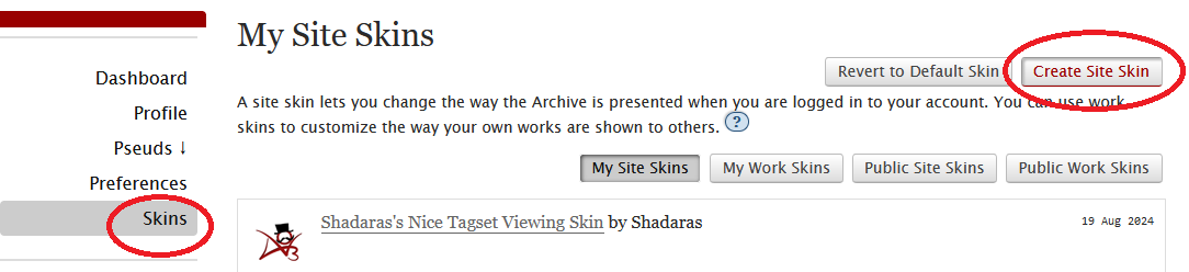 A screenshot of an AO3 userprofile on the Skins screen, showing where to click to navigate there.