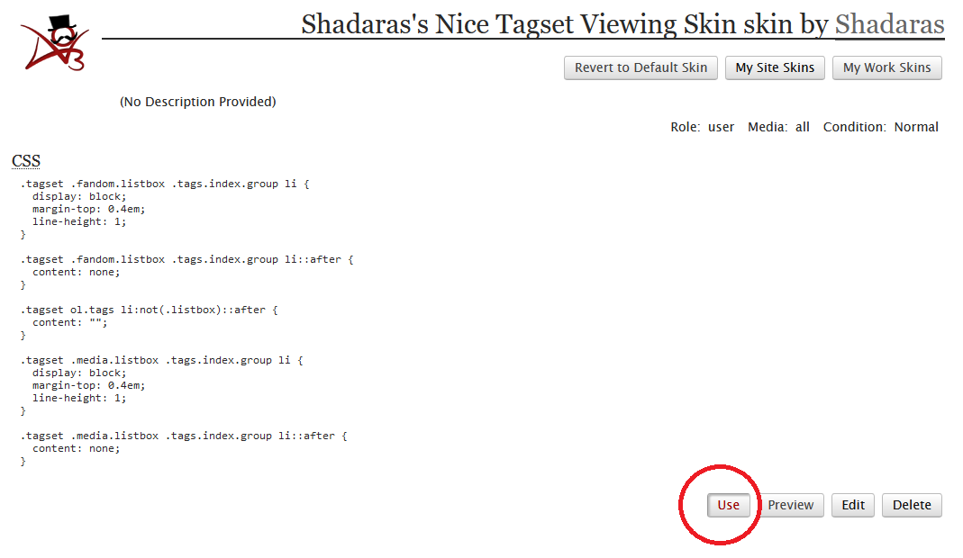 A screenshot of a newly created site skin with the "Use" button circled in red.